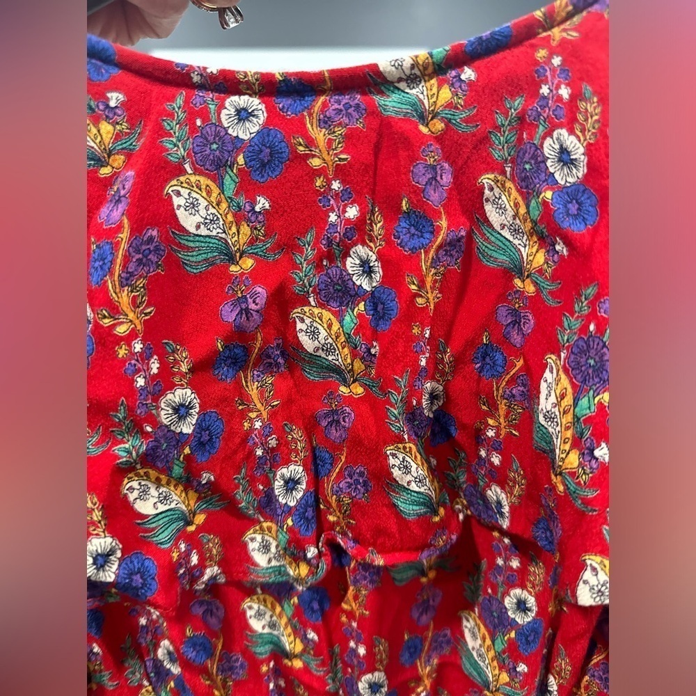 $150 Anthropologie Maeve Wrap Dress Red Floral Rosalia Ruffle Sleeveless Sz 0 - Picture 8 of 11